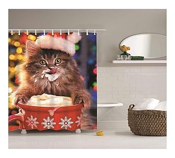 Aienid Badezimmer Deko Orange Weihnachtskatzchen Rot Badezimmer Vorhang Size 180x180cm Amazon De Kuche Haushalt