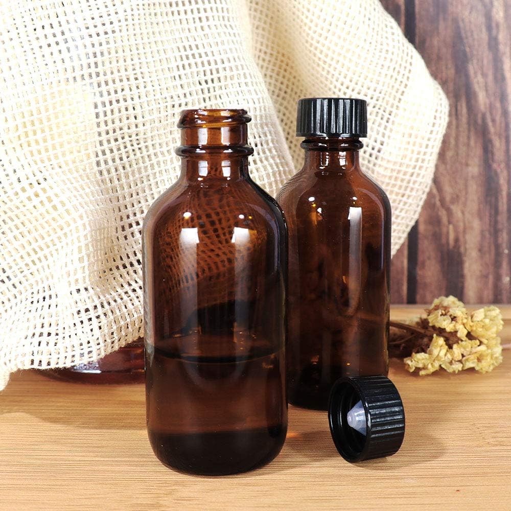 2 oz Glass Boston Bottles with Poly Cone Cap,Brush,Funnels and Labels, Amber Dispensing Bottles for Essential Oils, Chemical Lab,Home, Wedding Decor. Set of 12 Pack.