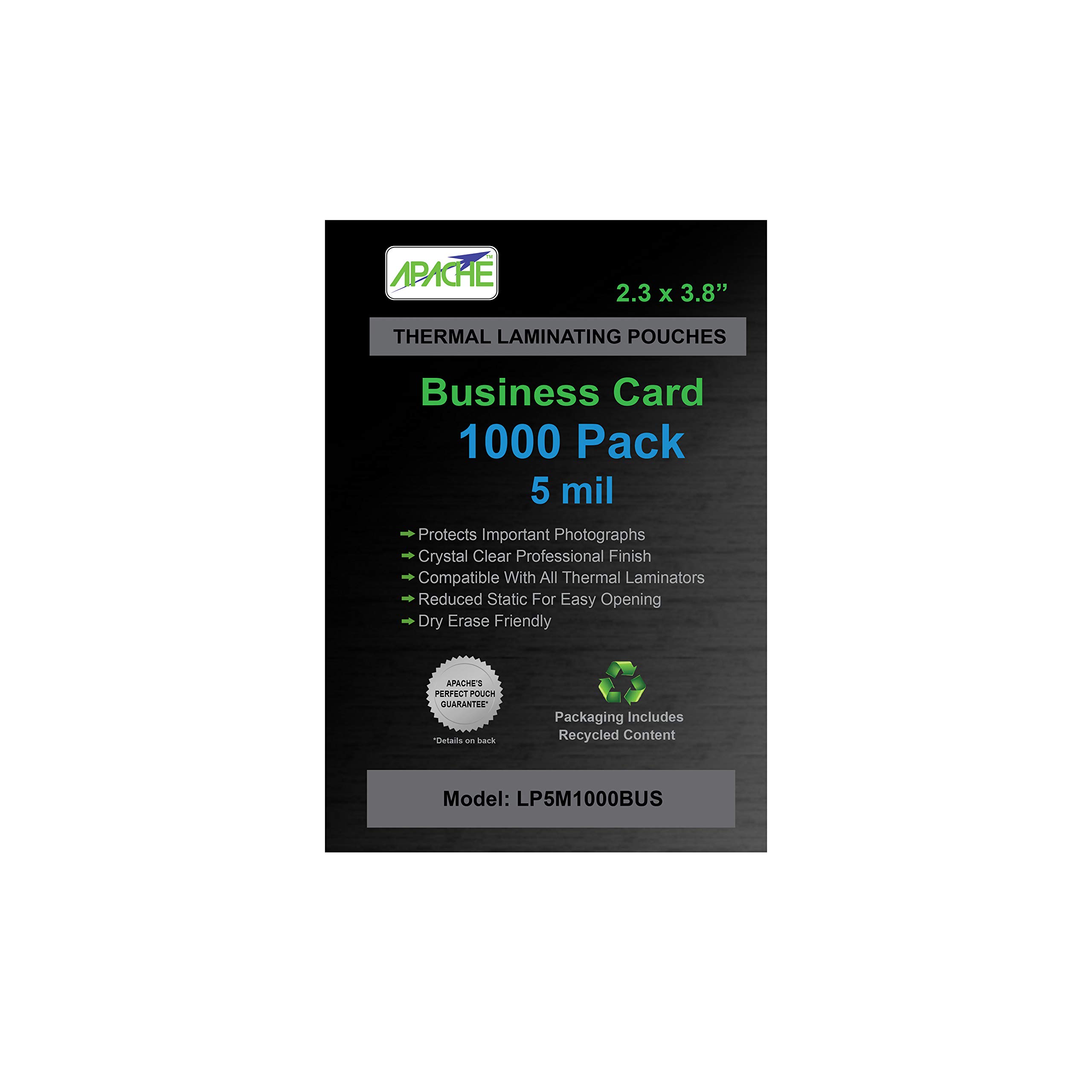 Apache bulk 1000 pack of Business Card Laminating Pouches 5mil 2-1/4 x 3-3/4 size 2 sided Laminating Sheets for Hot Thermal Laminator use, each Sheet is Clear Dry Erase Glossy Two packs of 500