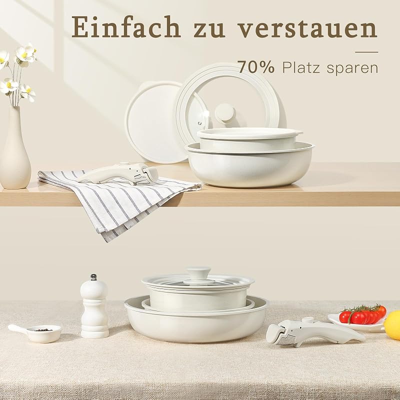 Granit Topfsets Pfannenset 15 Teiliges,Kochtöpfe Set Antihaft Kochgeschirr mit Abnehmbarem Griff,Für alle Herdarten geeignet,Spülmaschinenfest,Ofenfest(Weiß,15PCS)