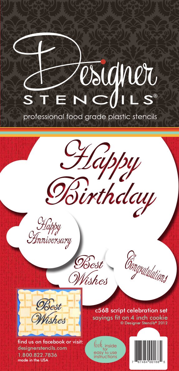 Designer Stencils C568 Script Celebration Cake Stencils Set, Beige/Semi-Transparent