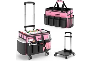 MUNNAR Cleaning Caddy with Wheels - Rolling Cleaning Caddy Bag with Detachable Trolley, Cleaning Caddy for Cleaning Supplies, Cleaning Bag for Housekeeping, Pink