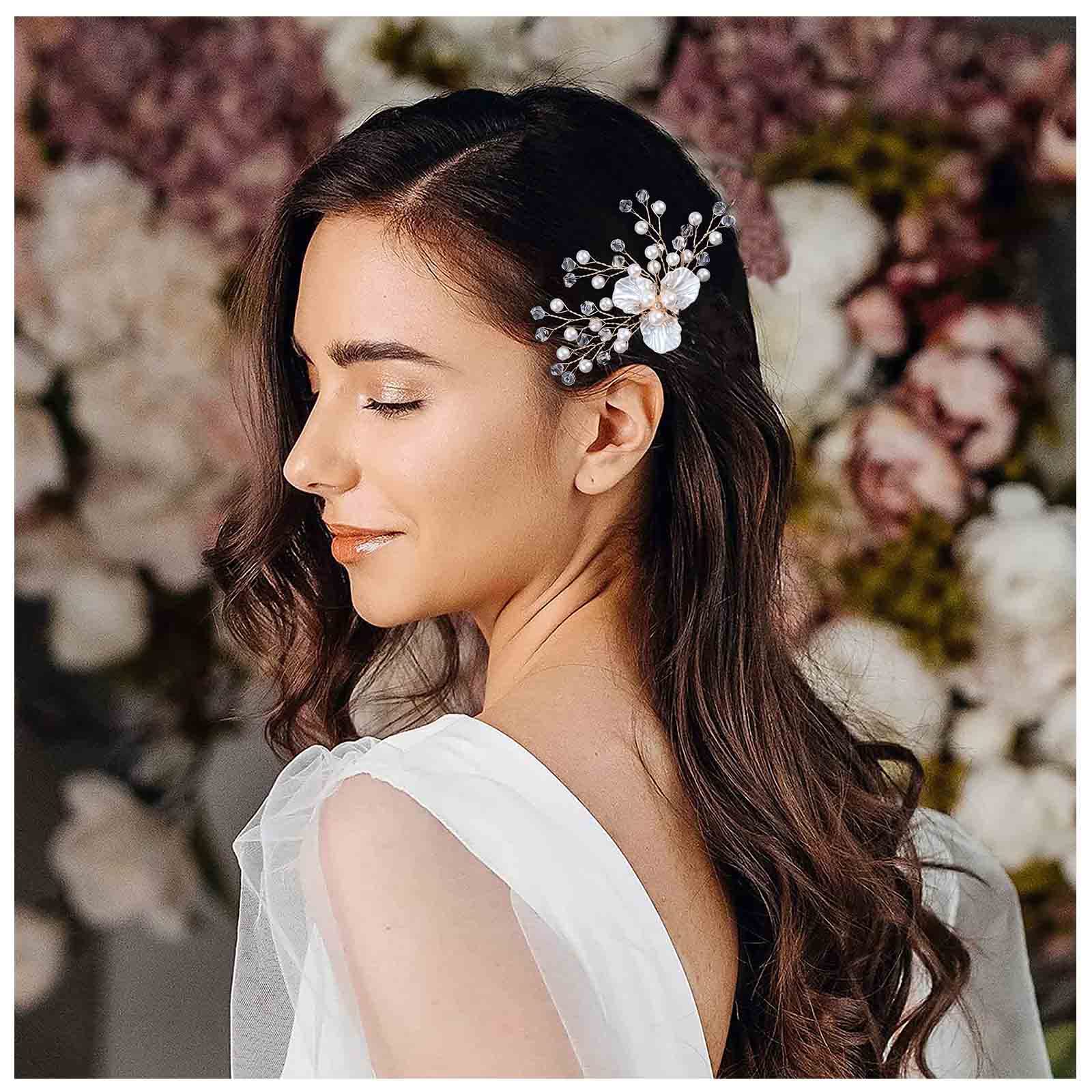Wendalern Wedding Flower Hair Pin Crystal Pearl Flower Bridal Hair Pieces Gold Pearl Rhinestone Floral Petal Hair Barrette Headwear Hair Accessories for Women Girls Styling