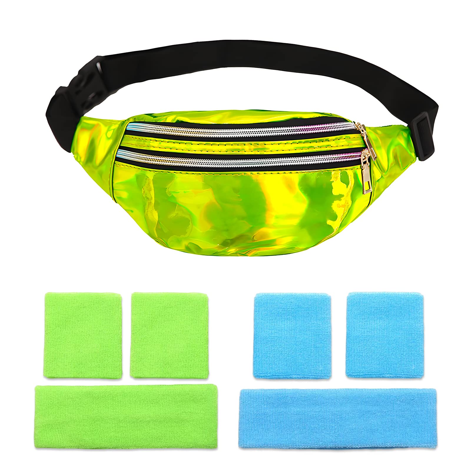 80s Bum Bag Headband Neon, 80s 90s Outfit Women's Accessories with Bracelets and Headband Adjustable Waist Bag Waterproof for Retro Party Theme Carnival, Green, standard size, 80s