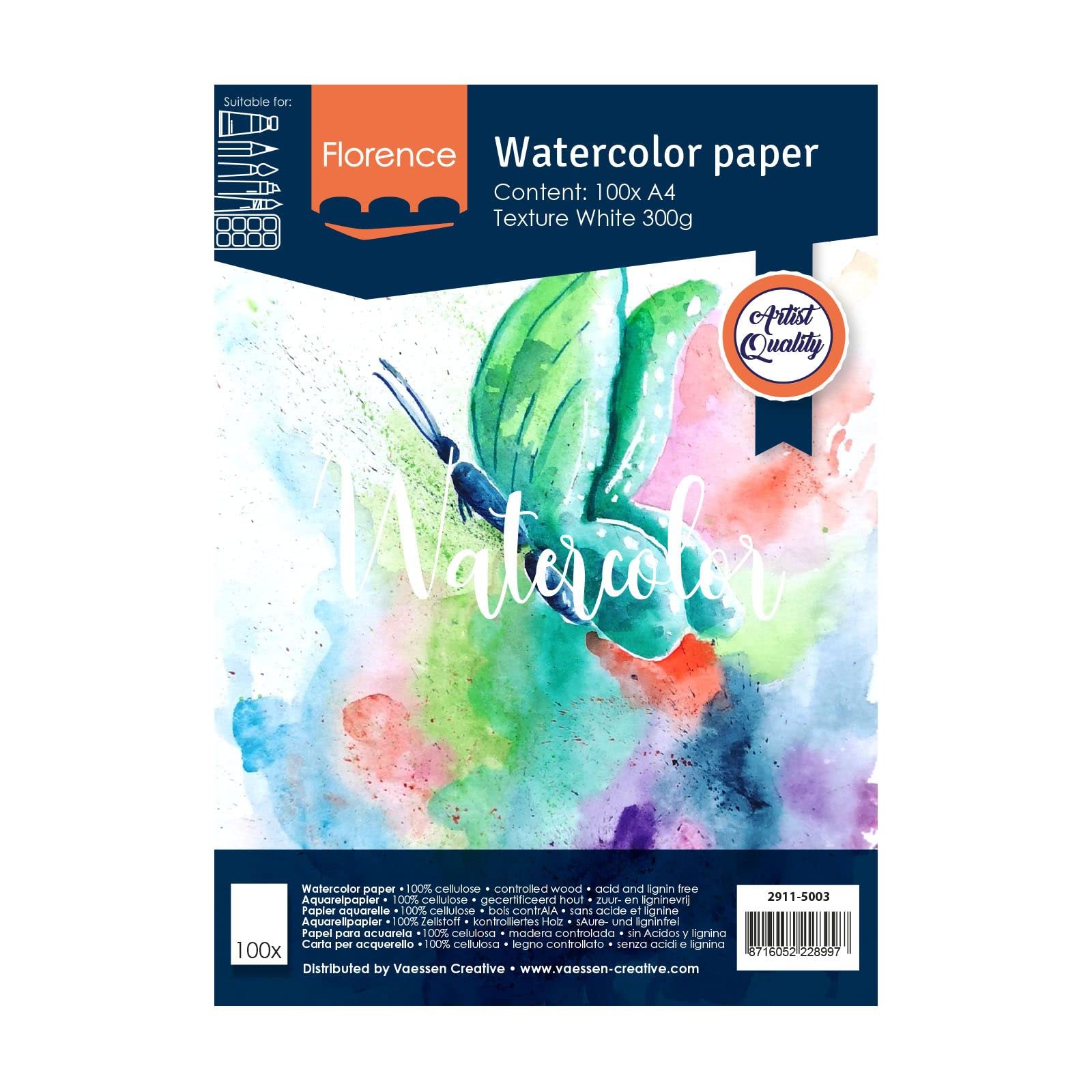 Vaessen Creative Florence Watercolour Paper A4, White, 300 GSM, Artist Grade Quality, Textured Surface, 100 sheets for Painting, Handlettering, Art Projects and More