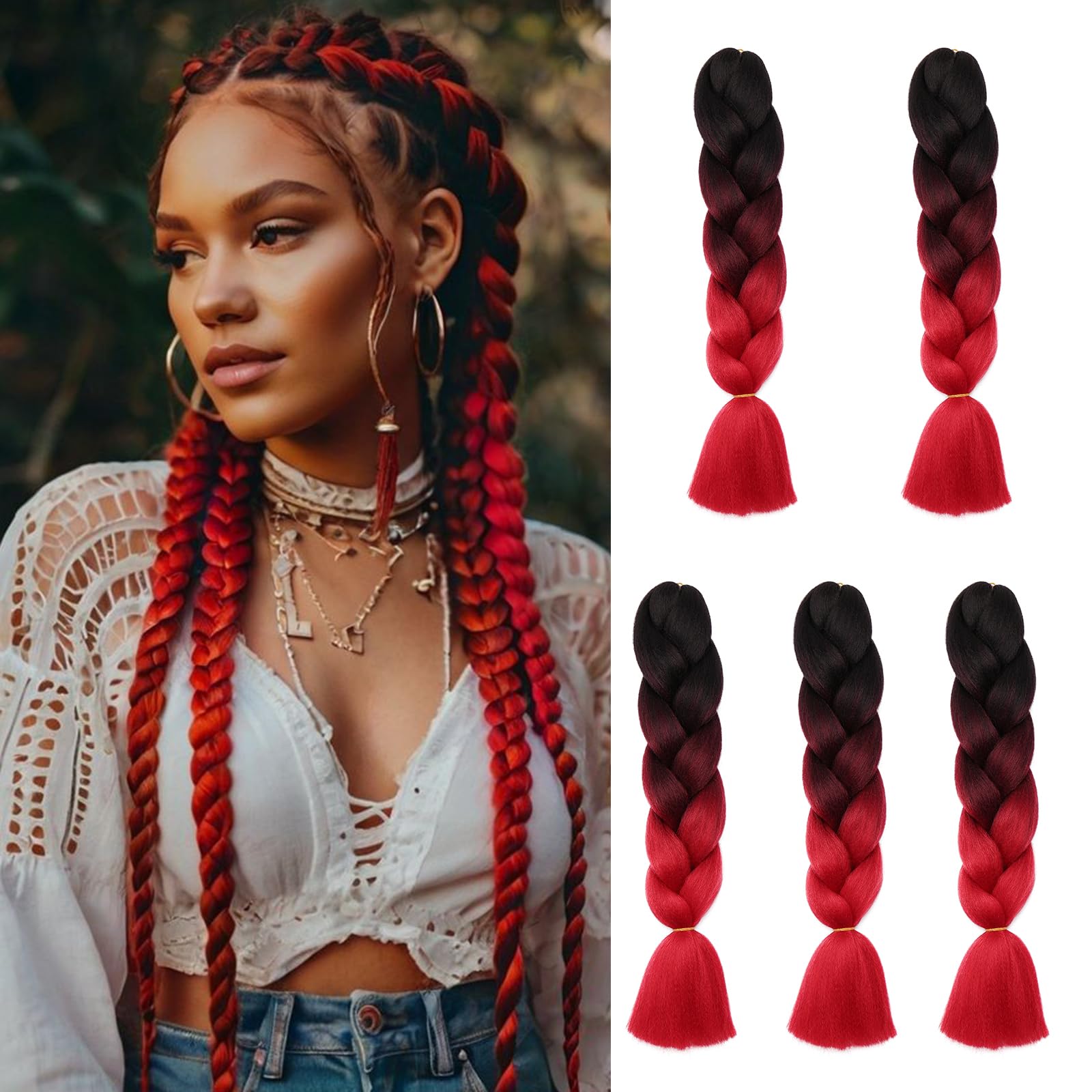 24inch 5PCS Braiding Hair Extensions Jambo Braids Ombre Hair Crochet Twist Braids Hairpieces Synthetic - Black-Wine Red-Red