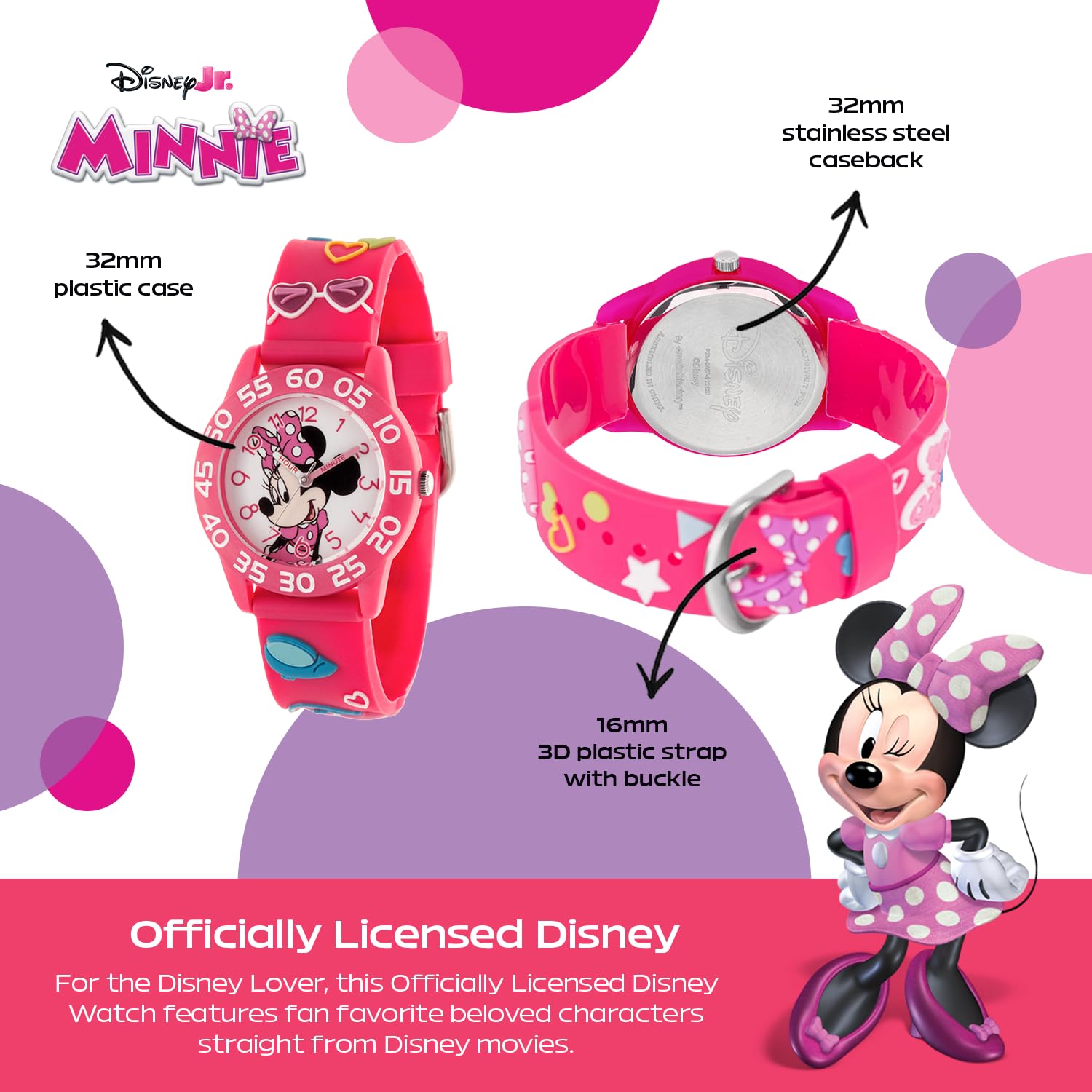 Disney Minnie Mouse Watch for Girls – Perfect Minnie Watch for Toddlers & Young Girls Learning to Tell Time – Cute Watches Kids 3-5 with White Bezel, Easy-Read Dial & Adjustable Nylon Strap
