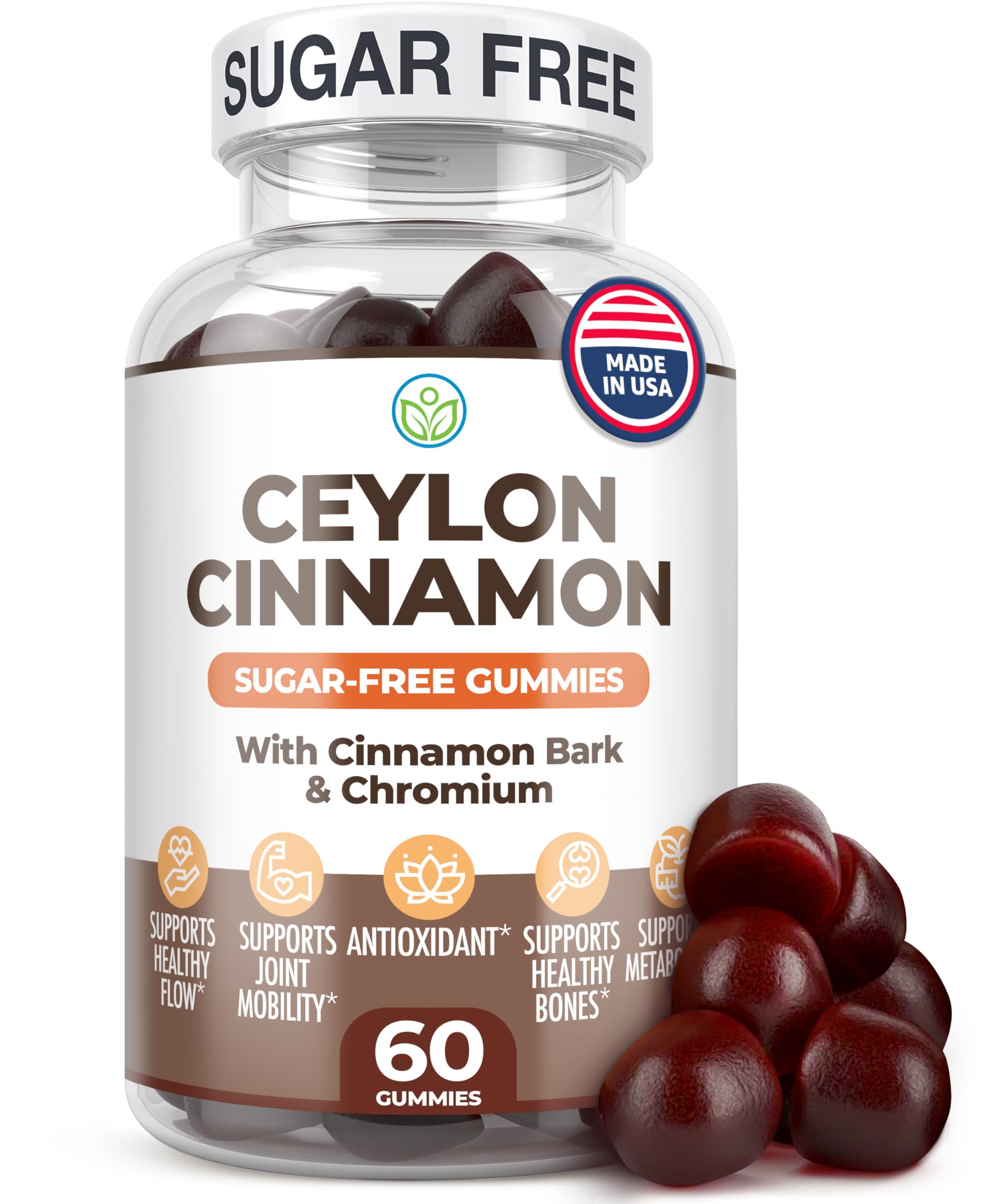 Sugar-Free Ceylon Cinnamon Gummies (2,000mg/Serving) Joint Pain Support Supplement for Brain Health, Vegan, Gluten-Free, Replace Ceylon Cinnamon Capsules, Pills, Powder, Extract (60 Chews)