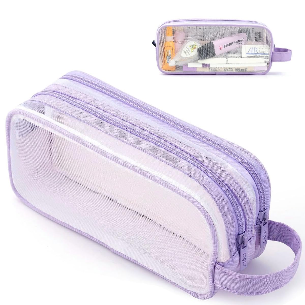 Clear Pencil Case for Exams, Large Capacity Transparent Mesh Pencil Case with 2 Compartments Zipper, Big Pen Pouch Bag Stationery Storage Organizer for School College Home Office Travel (Purple)