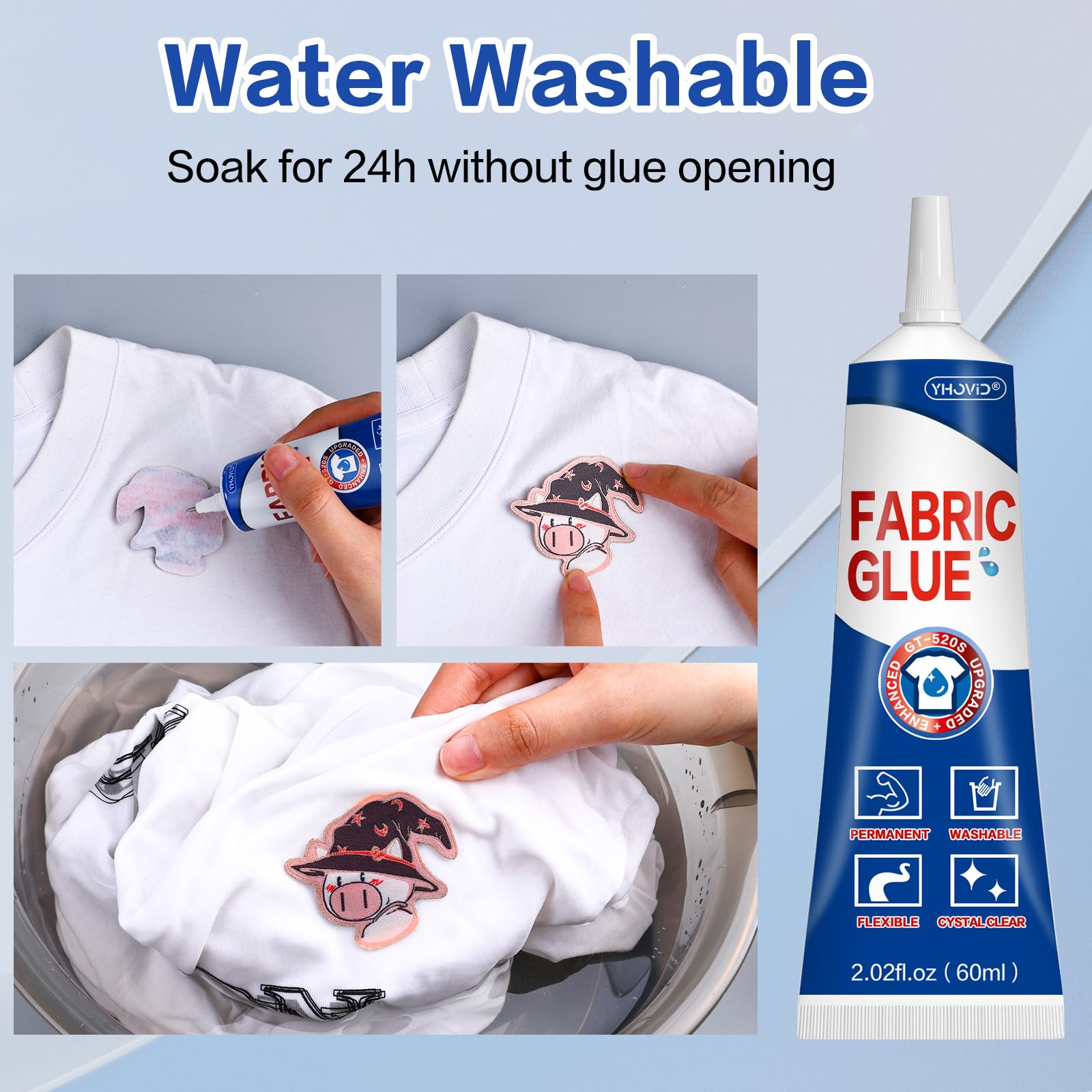 Fabric Glue for Clothing Permanent Washable, 60ML Liquid Stitch, Fabric Adhesive, Anti-Fray Check, Super No-Sew Clear Fusion Glue for All Patches, 24 Hour Dry and Waterproof