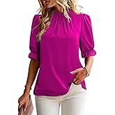 ZILIN Women's Summer Boho Floral Shirt Top Ruffle Mock Neck Puff Short Sleeve 2026 Casual Blouses