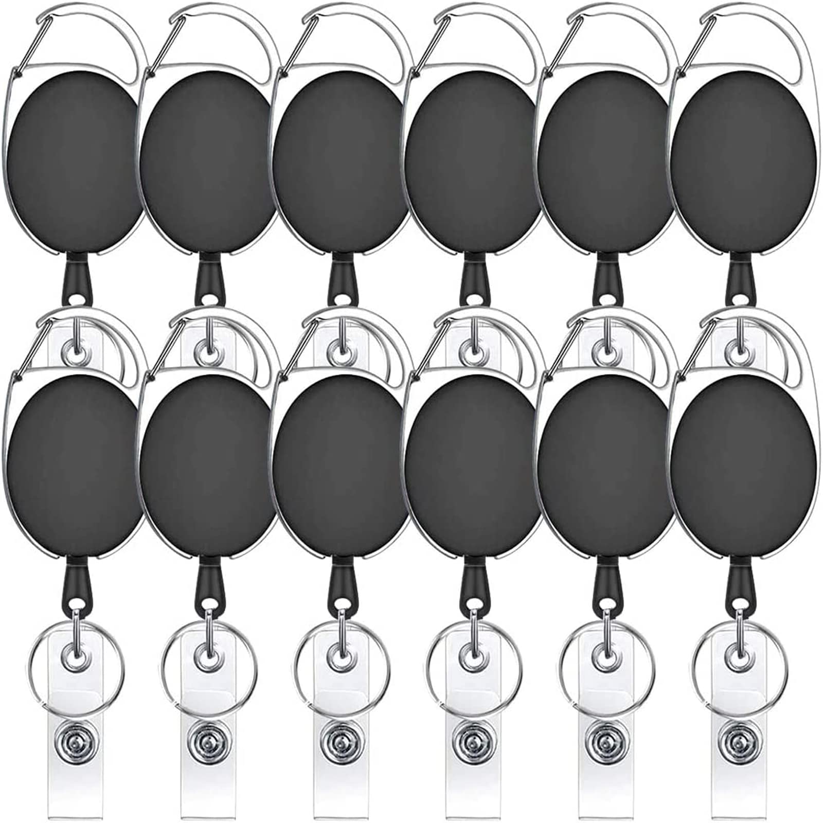 12 Pcs Black Retractable Key Chain Badge Card Holders, YTBUBOR 60cm/ 23.6 Inches Retractile Key Badge Reel Cord Clip with Belt Clip and Keys Ring
