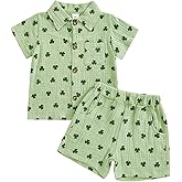 KtwHarnu Toddler Baby Boy St Patricks Day Outfit Clover Cotton Linen Button Down Short Sleeve Shirt Shorts Set Irish Clothes