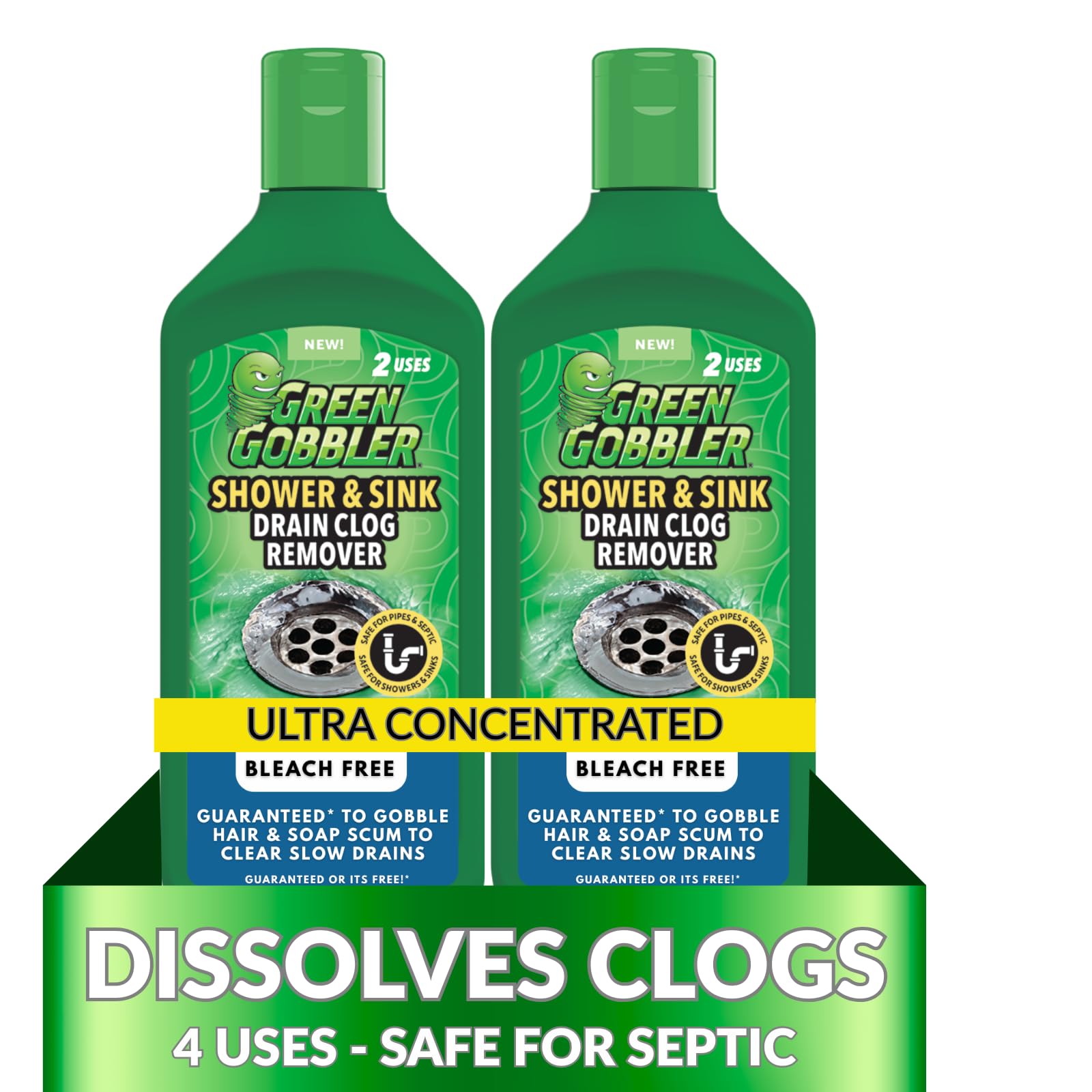 Photo 1 of (1 piece)Green Gobbler Ultra Concentrated Drain Clog Remover & Cleaner | Powerful Hair, Grease & Soap Dissolver for Bathroom, Kitchen, Shower, Sink & Toilet | Safe for Pipes & Septic Systems |