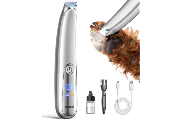 oneisall Dog Paw Trimmer, 2-Speed Up to 6500 RPM, 35dB Low-Noise Safe Pet Paw Trimmers with Curved Blade and LED Light, Cordl