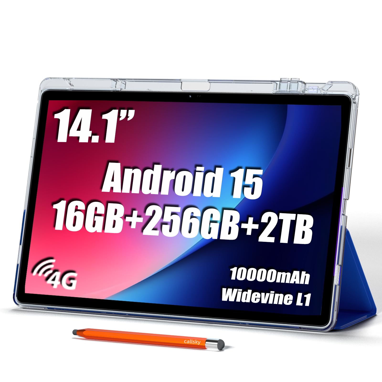 Photo 1 of ***MISSING CHARGER**** Callsky-Pro 14 inch Large Screen Tablet, Android 15 Tablet 16GB RAM 256GB ROM, 1920 * 1200 IPS FHD Display, Widevine L1, 10000mAh 18W Charging, Wi-Fi & Bluetooth, 4G LTE, with Stand Case & Stylus