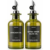 Verspace Green Glass Olive Oil Dispenser Bottles For Kitchen - 2 Pack - 12oz Includes 42 Kitchen Essential Labels, Avocado Oil Dispenser Set, Modern Decor for Home, Airbnb, Cafe
