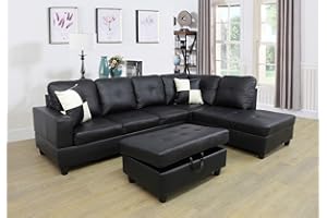 A Ainehome 3 PCS Living Room Set, Sectional Sofa Set, L-Shape Couch in Home, with Storage Ottoman and Matching Pillows (Black,Right Hand Facing)