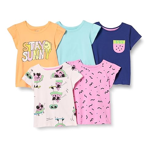 Amazon Essentials Girls' Short-Sleeve T-Shirts, Pack of 5, Aqua Blue/Ecru/Light Orange/Navy Color Block/Pink, Small