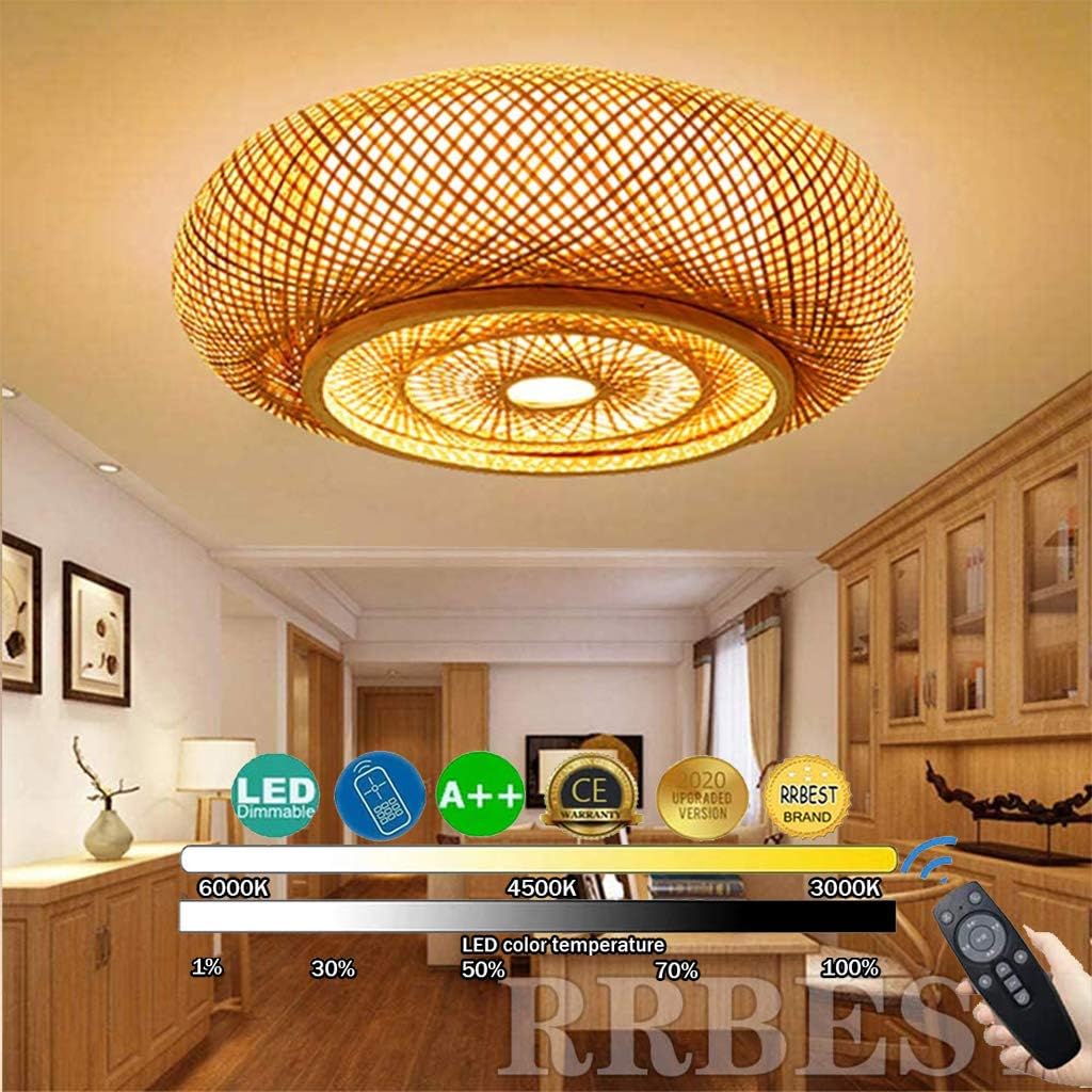 LED Bambus Deckenleuchte 24W Holzlamp Fernbedienung Dimmbar Deckenlamp