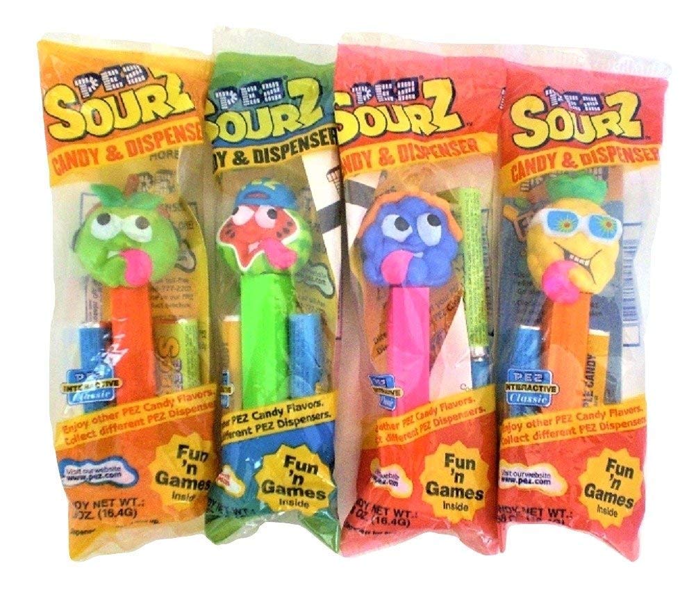 Pez Sourz Candy Dispensers : Apple, Watermelon, Pineapple, Blueberry Set of 4