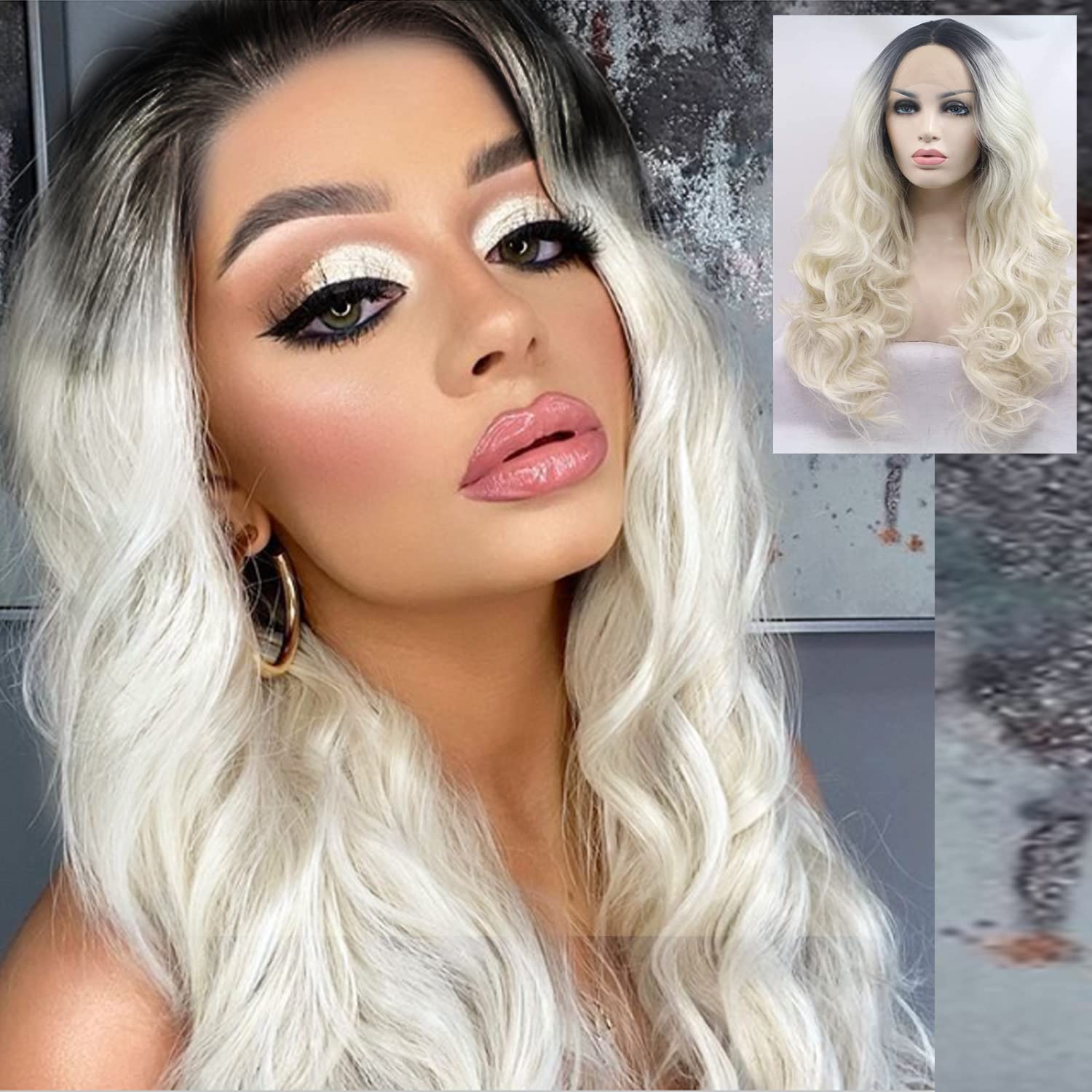 Long PlatinumBlonde Lace Front Wigs for Women Wavy Ombre Blonde Realistic Natural Hairline Synthetic Wig with Baby Hair Dark Roots Premium Heat Fiber Glueless Hair Wig 26 Inches