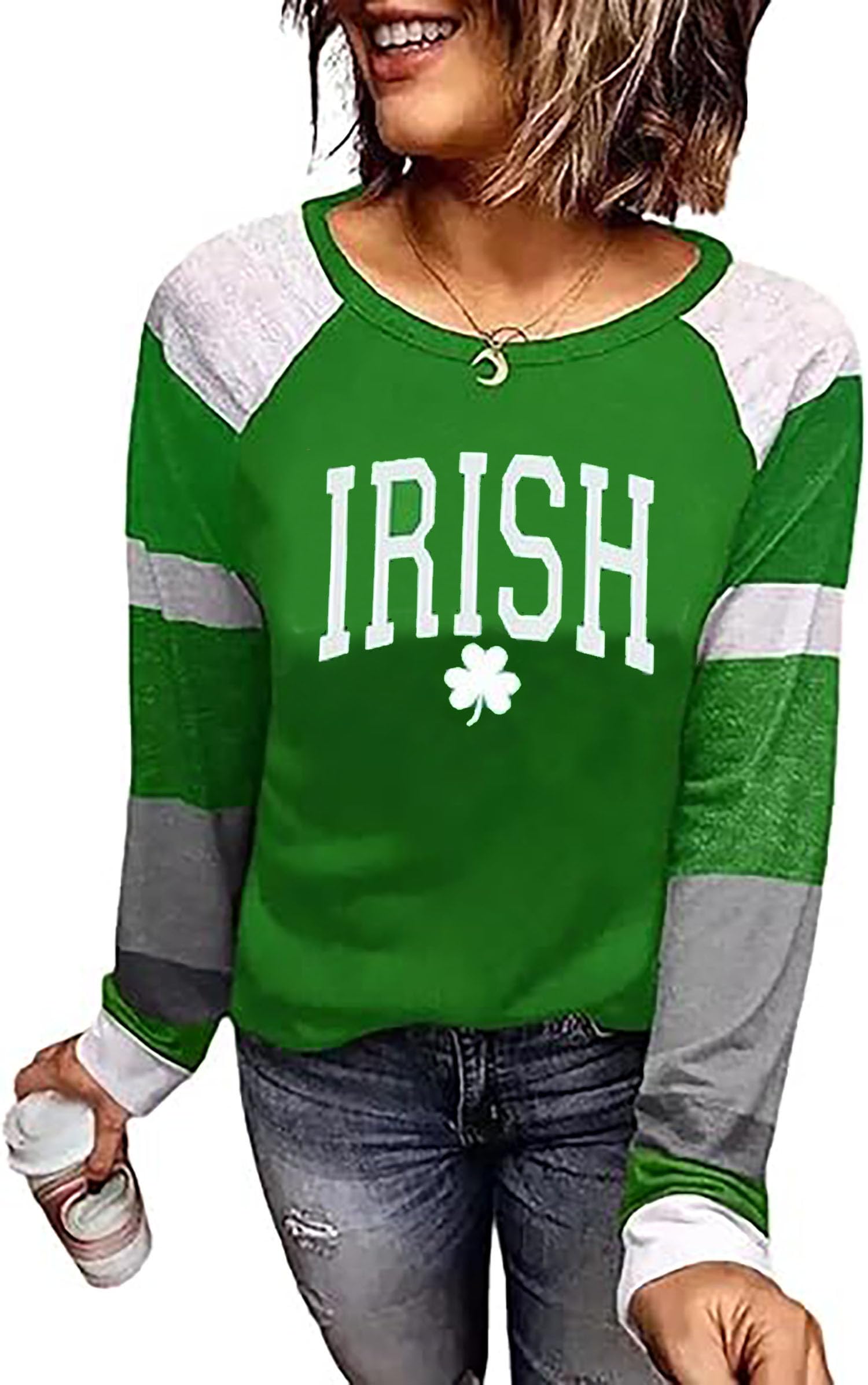 Photo 1 of St. Patrick's Day Tshirt Women Lucky Clover Print Irish Shirt Splicing Long Sleeve Raglan Tees Baseball Tops(Green,L)