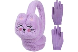 BAOPLAYKIDS Kids Animal Earmuffs and Gloves Set Cute Ear Muffs Winter Plush Ear Warmer for Boys Girls Age 7-14