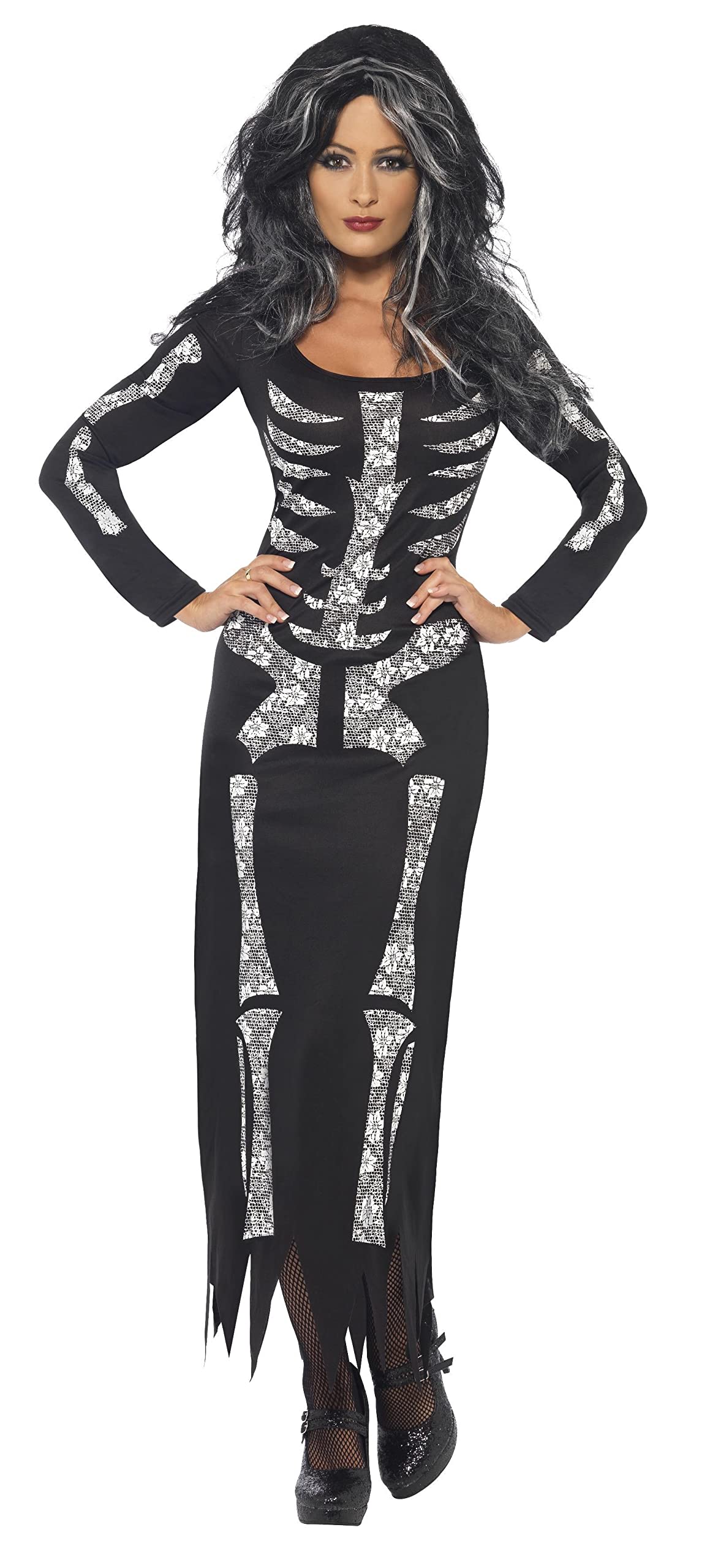 Smiffys Skeleton Costume, Black with Long Sleeved Tube Dress, Fancy Dress, Adult Dress Up Costumes