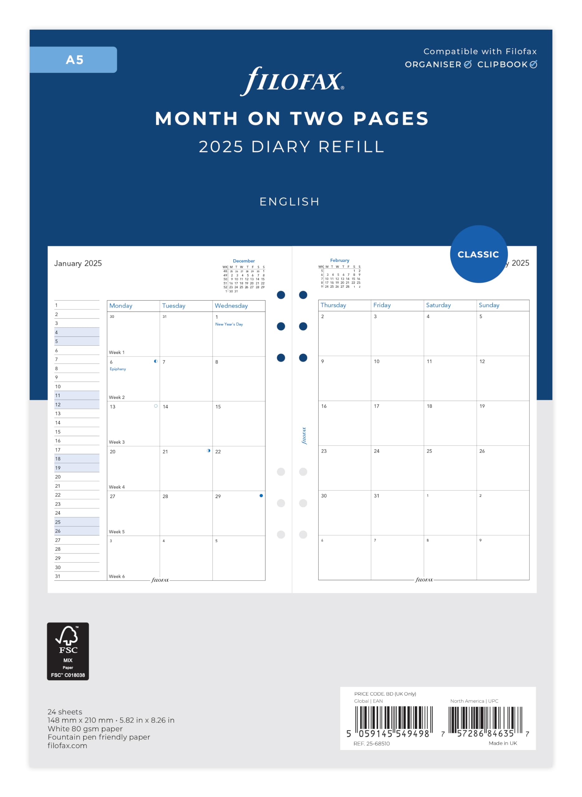 A5 Month on two pages English block format not tabbed 2025