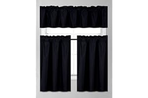 ELEGANT HOME DECOR Elegant Home Collection 3 Piece Solid Color Faux Silk Blackout Kitchen Window Curtain Set with Tiers and Valance Solid Color Lined Thermal Blackout Drape Window Treatment Set #K3 (Black)