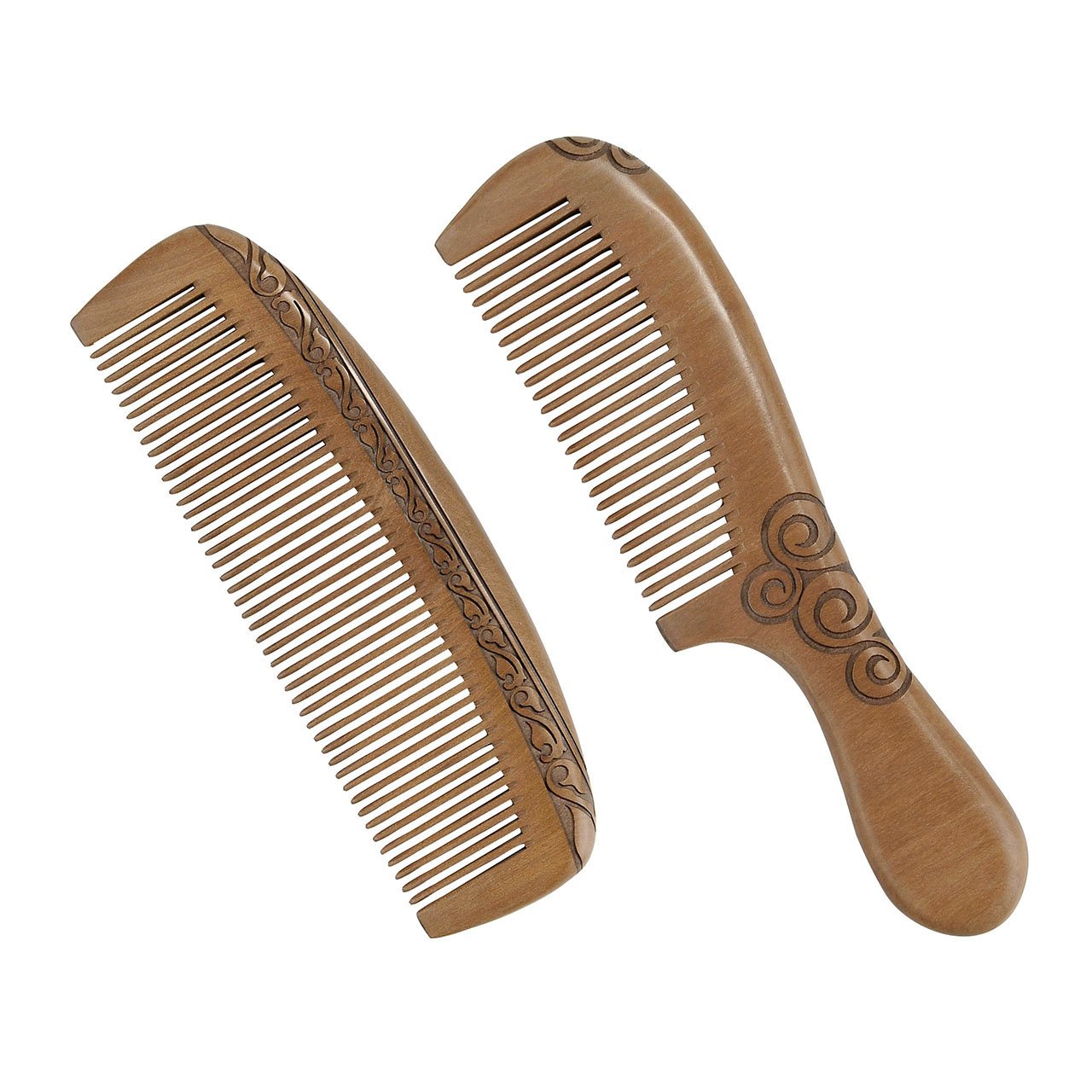 CCbeauty Handmade Peach Wood Comb Anti-Static Moon Shaped Hair Care Comb and Rounded Handle Wooden Comb Fine Tooth Comb Set