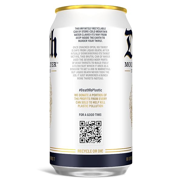 LIQUID DEATH, STILL MOUNTAIN WATER, 12-PACK (12OZ CANS), REAL MOUNTAIN SOURCE, INFINITELY RECYCLABLE ICE-COLD CANS, AMERICAN MADE