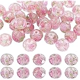 SUNNYCLUE 1 Box 40Pcs 9~10mm Gold Sand Lampwork Beads Bulk Lampwork Glass Bead Handmade Pink Rose Floral Round Spacer Lampwork Beads for Bracelets Beading Jewelry Making DIY Necklace Earring Beginners