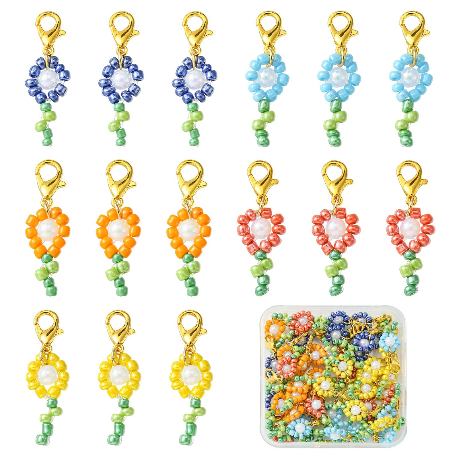 Stiesy 50Pcs 5 Colours Flower Glass Charms Colourful Flower Seed Beads Pendant Charm Floral Charms for Jewellery Making DIY Bracelet Crafting