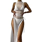 Jumppmile Women's Sheer Mesh Long Sleeve See Through Swimwear Bikini Cover Up Dress