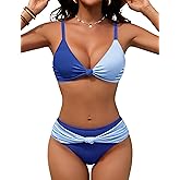 Blooming Jelly Womens Sexy Two Piece Bikini Sets Knot V Neck Swim Suit Color Block Cheeky Bathing Suit Textured Swimsuit