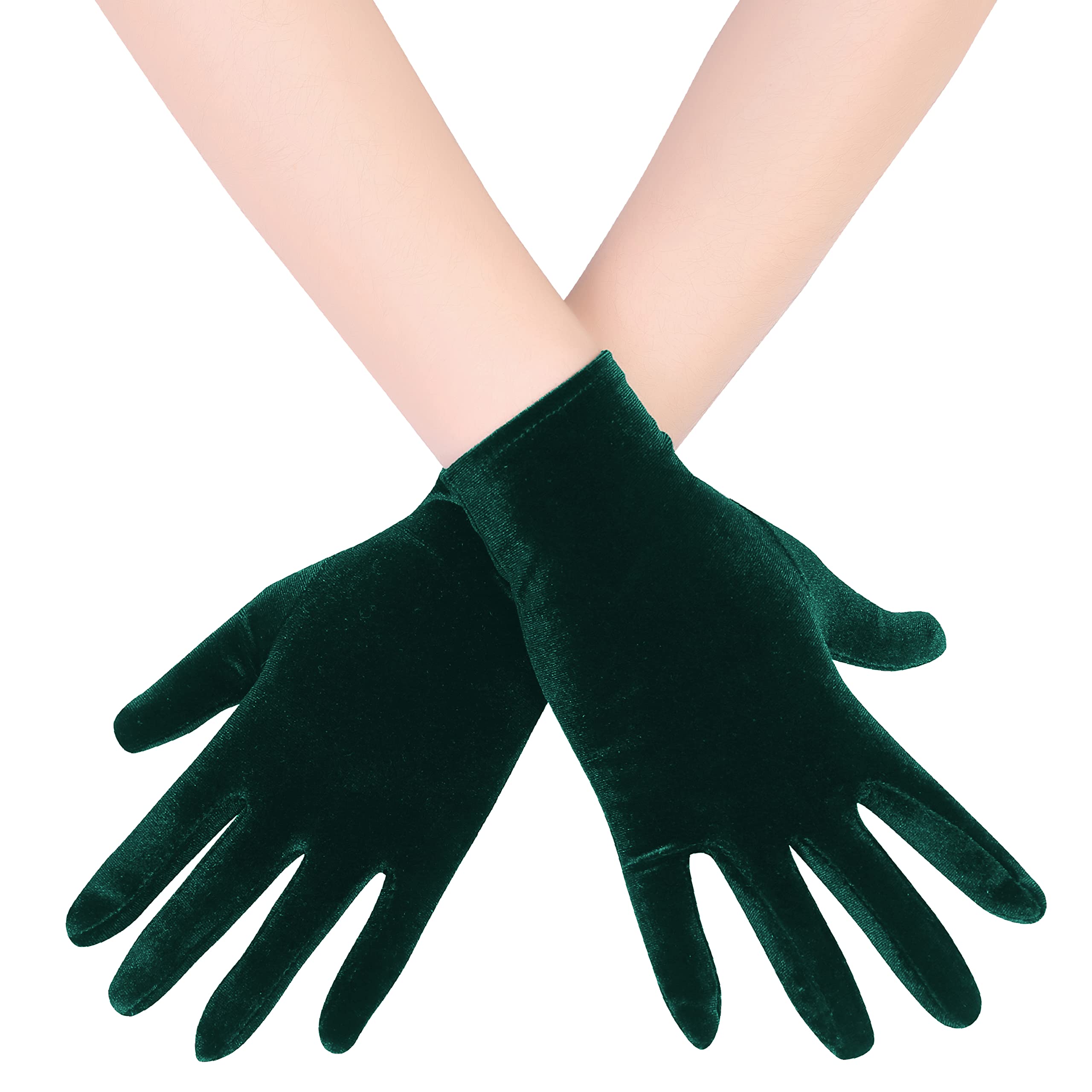 EORUBE Short Opera Velvet Gloves for Women 1920s Flapper Stretchy Wrist Length Banquet Gloves Tea Party Halloween Costume (Dark Green)
