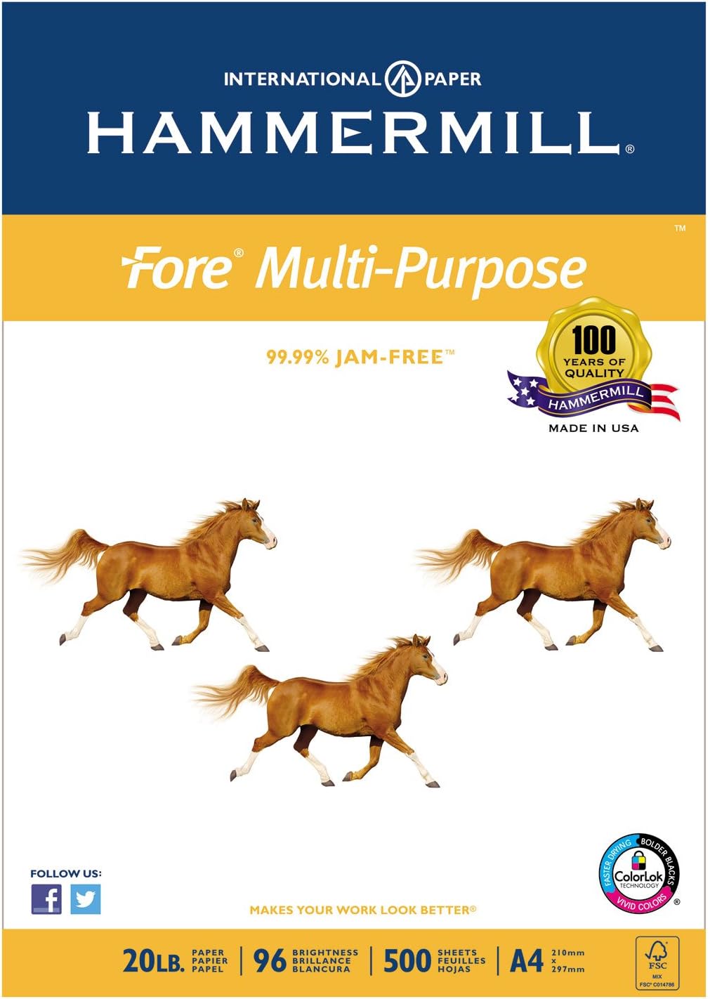 Hammermill 103036 Fore MP Multipurpose Paper, 96 Brightness, 20lb, A4, White, 500/Ream