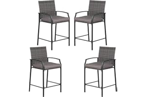 JOIVI Outdoor Wicker Bar Stools Set of 4, Patio Rattan Counter Height Chairs with Cushions, Armrest and Footrest for Indoor, Garden, Poolside, Lawn, Backyard