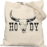 Lacosu Howdy Western Tote Bag, Retro Western Bull Skull Canvas Tote Bags for Women, Cowgirl Gifts for Women, Cowgirl Stuff, Reusable Grocery Shopping Bags