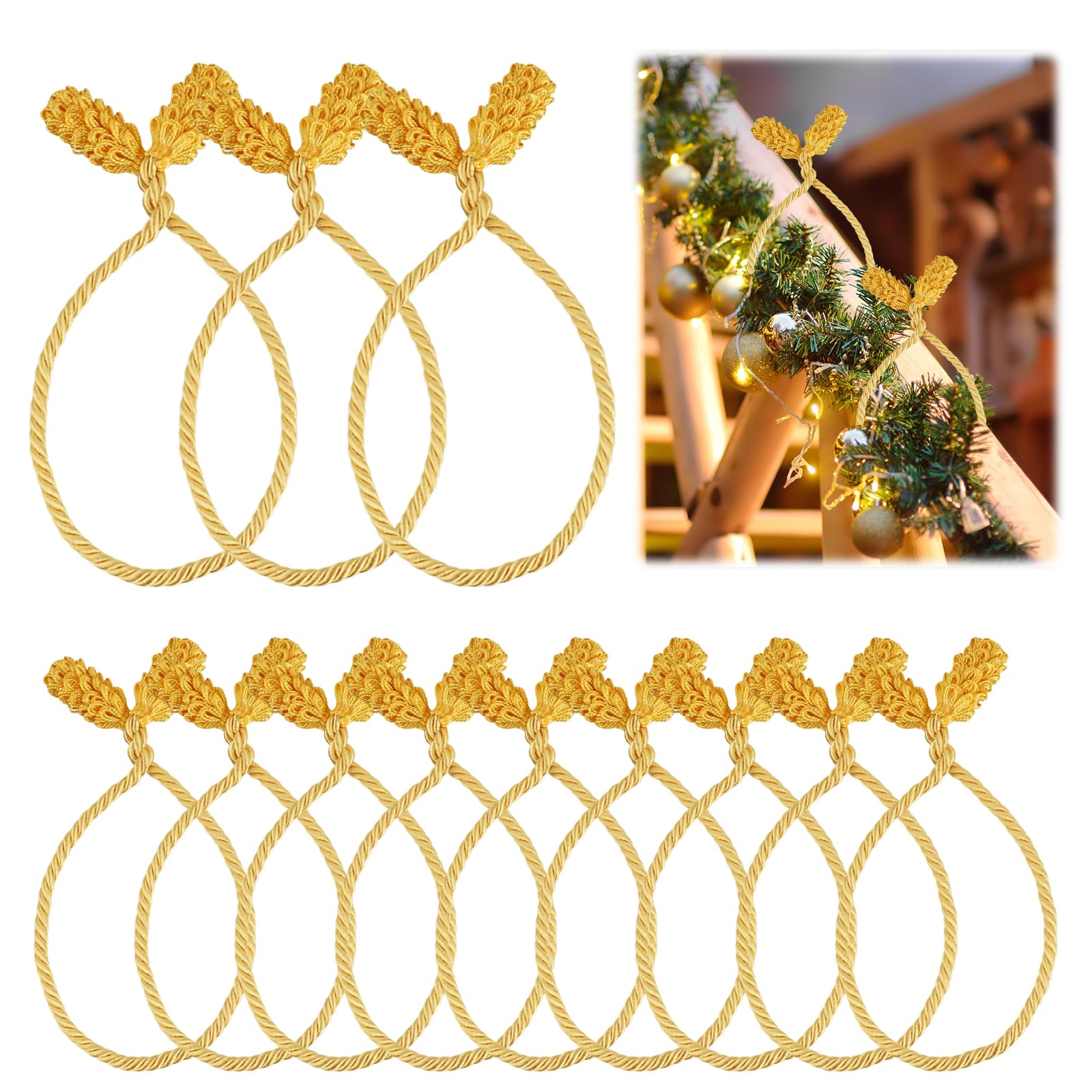 12pcs Christmas Garland Ties, 15.75 Inch Long Christmas Staircase Banister Ties Holiday Garland Flexible Ties Reusable Decorative Railing Twist Ties for Christmas Party Home Decoration (Gold Yellow)