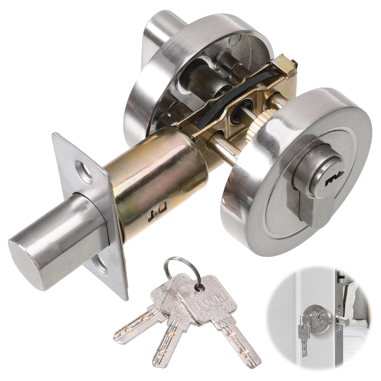 SIWOKJJO Single Cylinder Deadbolt, Round Deadbolt Lock with Keys, Zinc Alloy Door Locks Invisible, Bedroom, Front, and Passage Doors