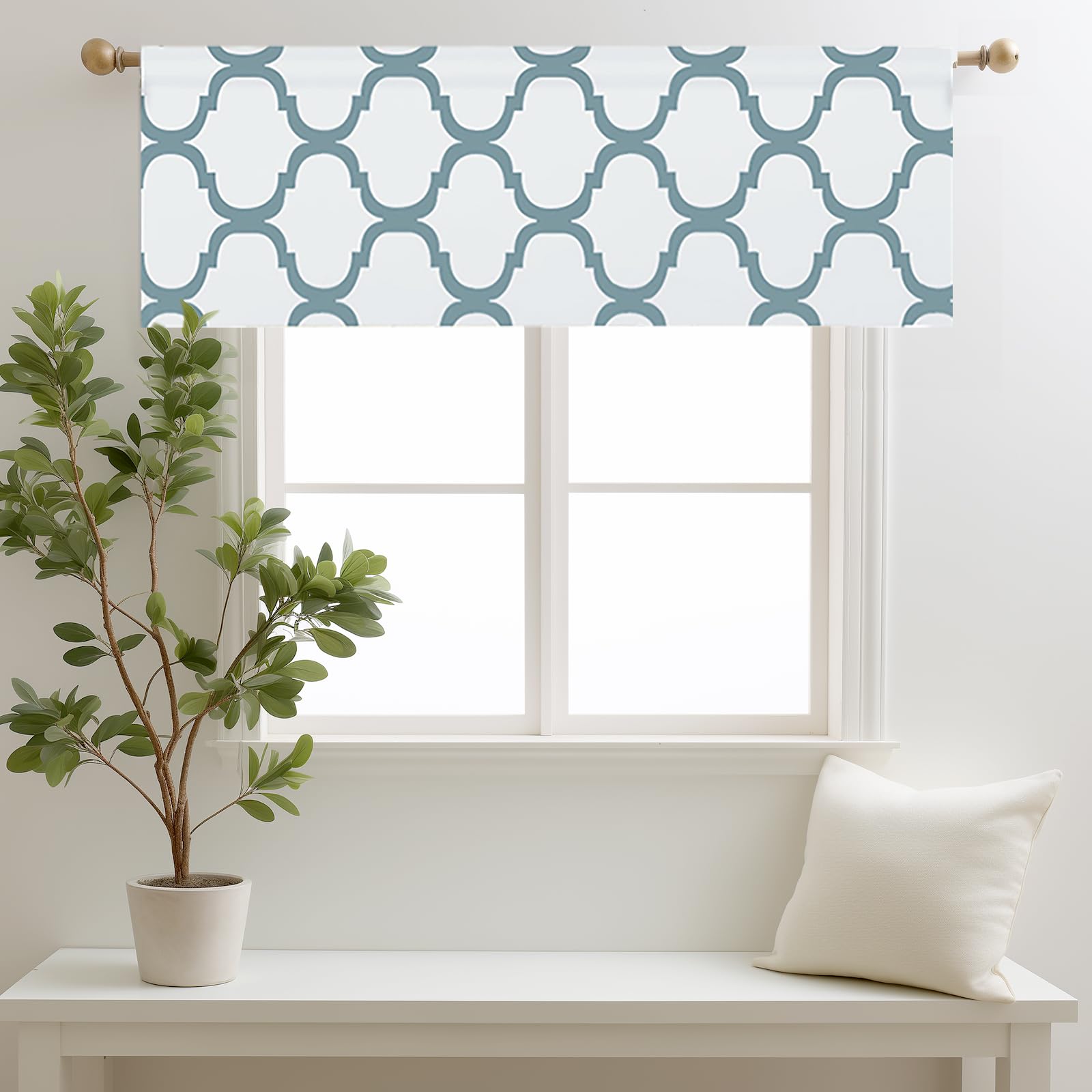 Melodieux Moroccan Fashion Room Darkening Rod Pocket Window Curtain Valance, 52 by 18 Inch, Off White/Dusty Teal (1 Panel)