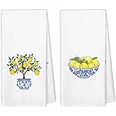 XBBMGG Italian Lemon Kitchen Towels Decor Set of 2, Blue and White Porcelain Lemon Tree Dish Hand Tea Towels, Chinoiserie Lemons Fruit Decorative Towel for Bathroom Kitchen, 16x24 Inch