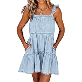 Newffr Womens Summer Denim Dress Square Neck Ruffle Trim Sleeveless Babydoll Flowy Jean Dresses with Pockets