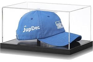 JupDec Hat Display Case, Clear Acrylic Baseball Cap Display Box Stand, UV Protection Signed Hat Transparent Showcase with Solid Wood Base Risers & Hat Shaper, Ideal Gift for Caps Collector, Black