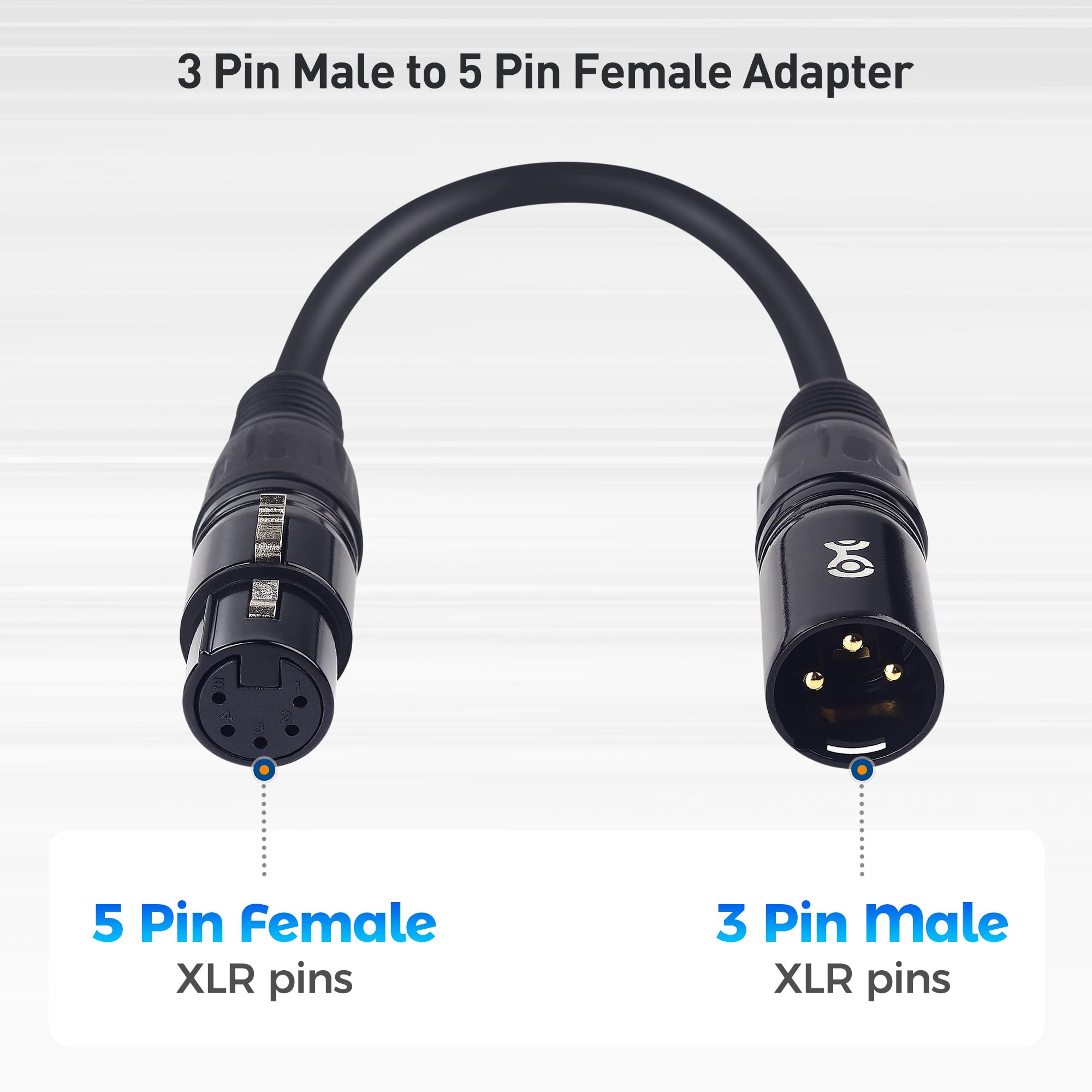 Cable Matters 2-Pack 3 Pin to 5 Pin DMX Lighting Cable - 6 Inches, 3Pin Male to 5Pin Female XLR/DMX Adapter Cable, Black