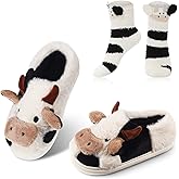 Zhanmai Fuzzy Cow Slippers Sock Gift Women Cartoon Animals Fluffy Plush Non Skid Winter Print House Shoes