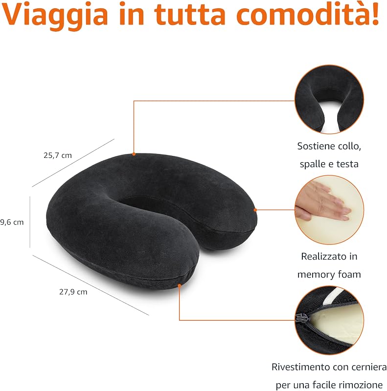 Cuscino per il collo, in memory foam, 1 unità, Semicircolare, Nero